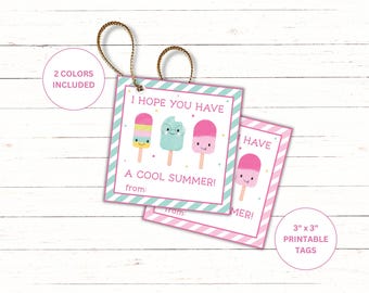 May include: Square printable gift tags with a summer theme. The tags feature colorful popsicle illustrations and the text "I hope you have a cool summer!" The tags are 3" x 3" and include two color options.
