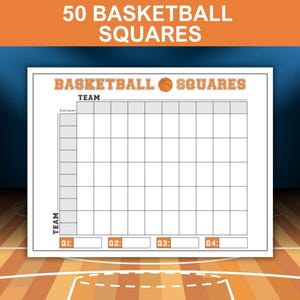 Tablero de baloncesto imprimible con cuadrados, piscina de baloncesto de 50 cuadrados, tablero de rifa con cuadrícula de 50 cuadrados, fiesta del día del juego, juego Basketball Madness