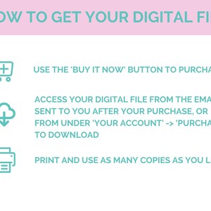 May include: A pink and teal graphic with instructions on how to get your digital file. The graphic includes icons for a shopping cart, a cloud with a download arrow, and a printer.