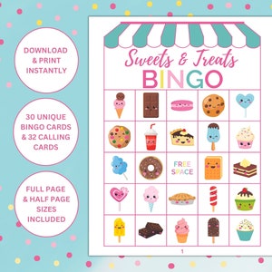 30 tarjetas de bingo de postres imprimibles / Bingo de dulces y golosinas / Juego de fiesta para niños / Juego familiar / Juego de fiesta en el aula /