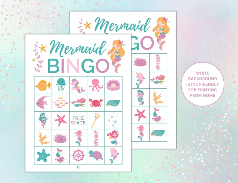 May include: Two printable mermaid bingo cards with a pink and teal color scheme. The cards feature various mermaid-themed images, including mermaids, seahorses, starfish, and seashells. The text "Mermaid Bingo" is printed at the top of each card.