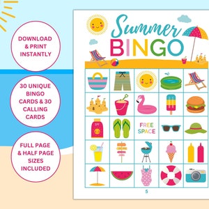 30 Printable Summer Bingo Cards | Summer Bingo for Kids | Summer Classroom Game | Family Game | Summer Party | Printable Summer Activities
