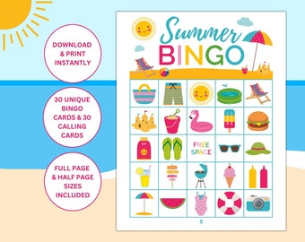 30 cartones de bingo de verano imprimibles / Bingo de verano para niños / Juego de aula de verano / Juego familiar / Fiesta de verano / Actividades de verano imprimibles