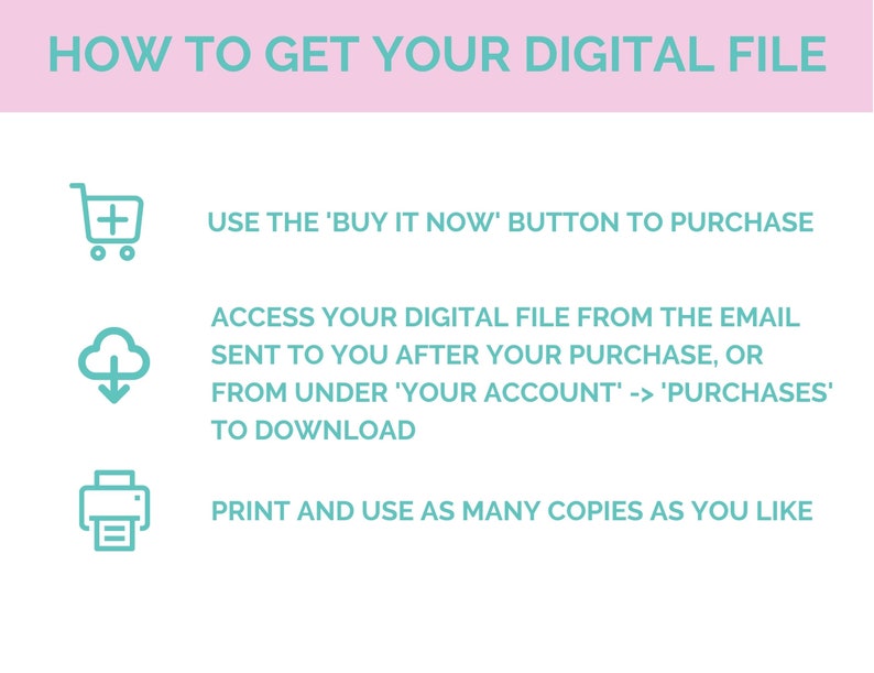 May include: A pink and teal graphic with instructions on how to get your digital file. The graphic includes icons for a shopping cart, a cloud with a download arrow, and a printer.