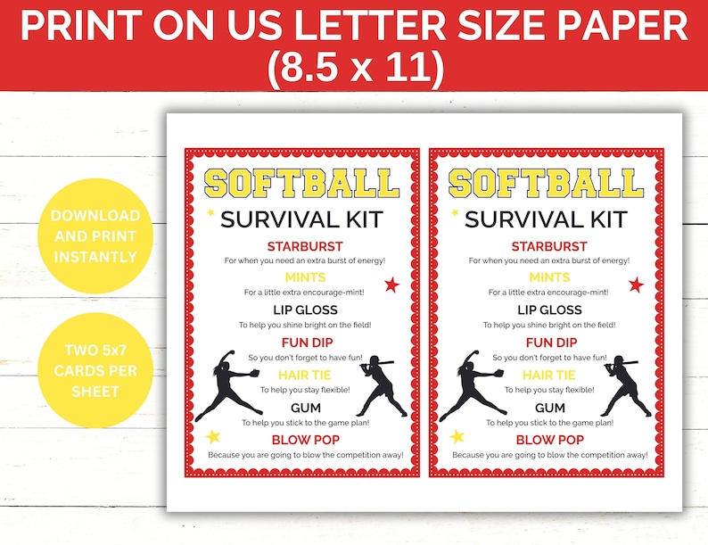 Printable Softball Survival Kit Softball Player Gift Idea Softball Team Gift Bag Idea Softball
