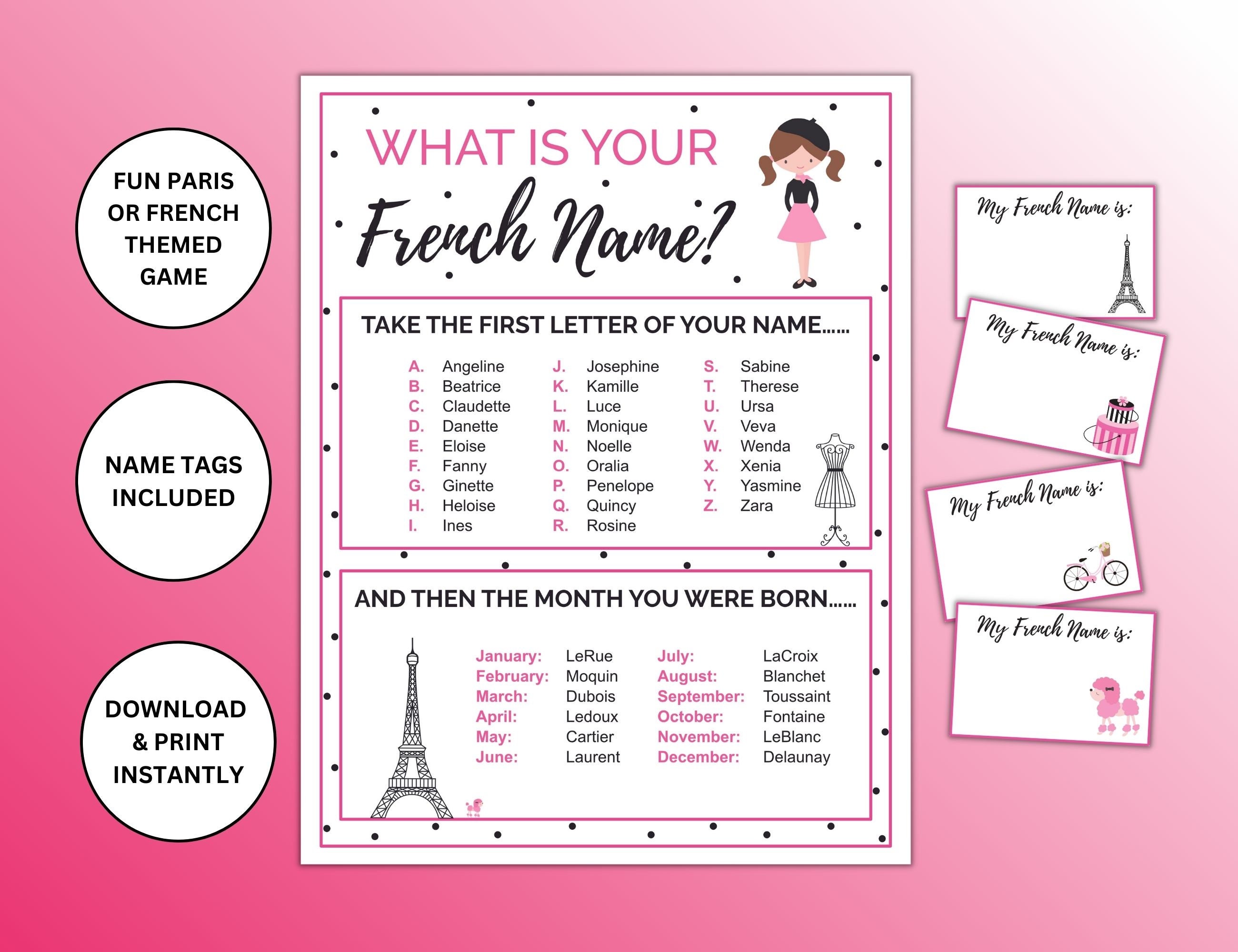 What is Your French Name Printable Game Paris Themed Party 