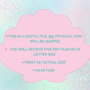 May include: Pink seashell with a white background and a glittery effect. The text inside the seashell reads: *THIS IS A DIGITAL FILE, NO PHYSICAL ITEM WILL BE SHIPPED * YOU WILL RECEIVE FIVE PDF FILES IN US LETTER SIZE *PRINT AS 'ACTUAL SIZE' * HAVE FUN!