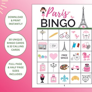 30 tarjetas de bingo imprimibles con temática de París / Juegos de fiesta de París / Actividad de fiesta temática de viajes