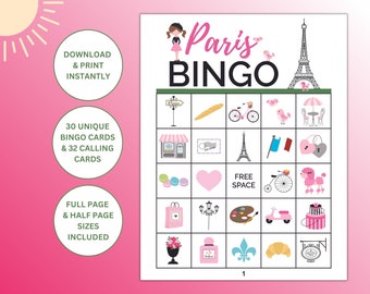 30 Printable Paris Themed Bingo Cards | Paris Party Games | Travel Themed Party Activity