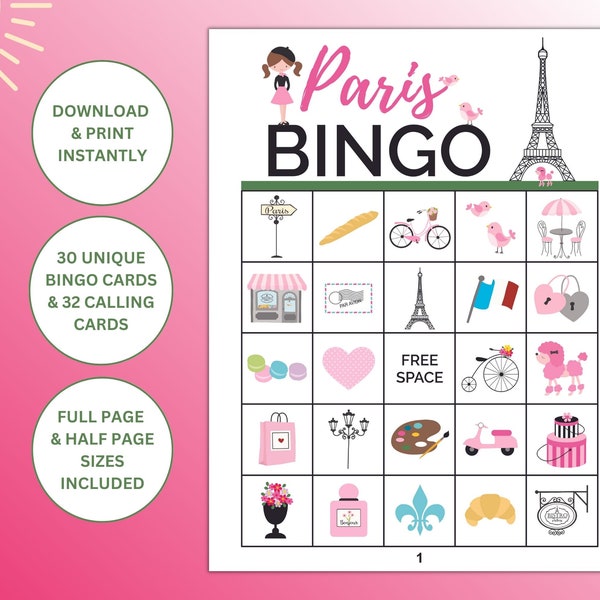30 Printable Paris Themed Bingo Cards | Paris Party Games | Travel Themed Party Activity