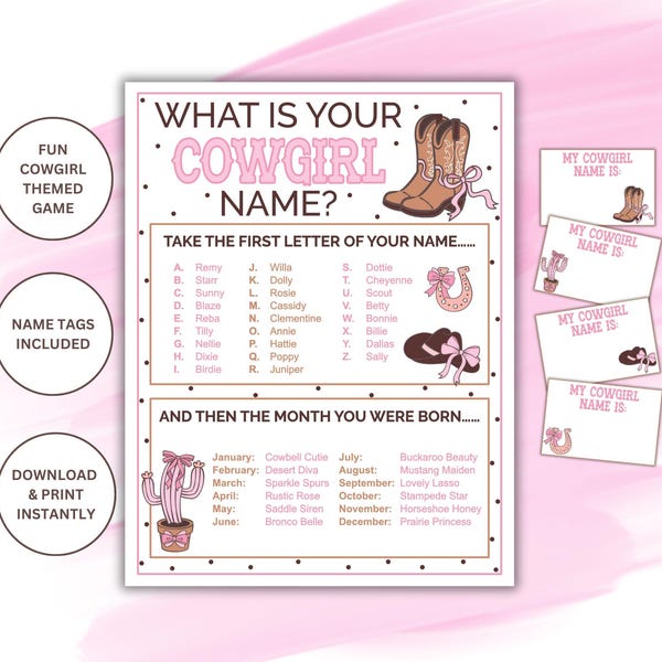 ¿Cuál es tu nombre de vaquera? Juego imprimible con etiquetas de nombre / Juego de fiesta con temática de vaquera / Generador de nombres de vaquera de Pink Coquette / Pink Rodeo