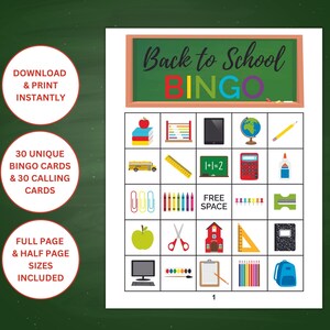 30 cartes de bingo imprimables pour la rentrée scolaire | Jeu de retour à l'école | Jeux de classe | Ensemble de bingo scolaire
