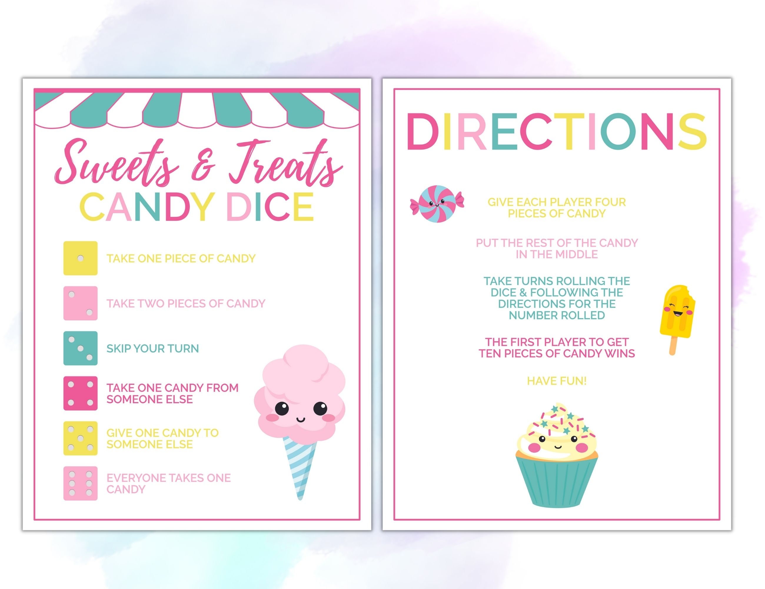 Sweets and Treats Candy Dice Printable Game | Candy Themed Party Game ...