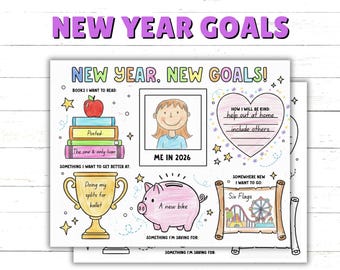 Puede incluir: Una colorida hoja imprimible de "Objetivos de Año Nuevo" con el texto "¡Año Nuevo, Nuevos Objetivos!" e ilustraciones de una pila de libros, un trofeo, una alcancía y un pergamino. La hoja incluye indicaciones para metas personales.