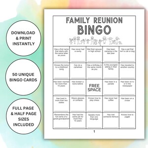 Puede incluir: Un juego de Bingo de Reunión Familiar imprimible con un diseño en blanco y negro. La tarjeta de bingo incluye indicaciones como "Tiene una mascota que no es un gato o un perro". Incluye 50 tarjetas de bingo únicas, tamaños de página completa y media.