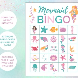 Mermaid Bingo Game| Mermaid Party Printable Game | Under the Sea Party | Kids Bingo Game | Kids Party Games | 20 Bingo Cards