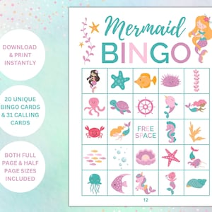 Jeu de bingo sirène | Fête de la sirène Jeu imprimable | Sous la fête de la mer | Jeu de bingo pour enfants | Jeux de société pour enfants | 20 cartes de bingo