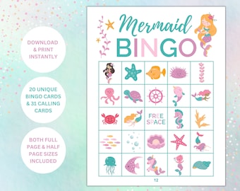 Mermaid Bingo Game| Mermaid Party Printable Game | Under the Sea Party | Kids Bingo Game | Kids Party Games | 20 Bingo Cards