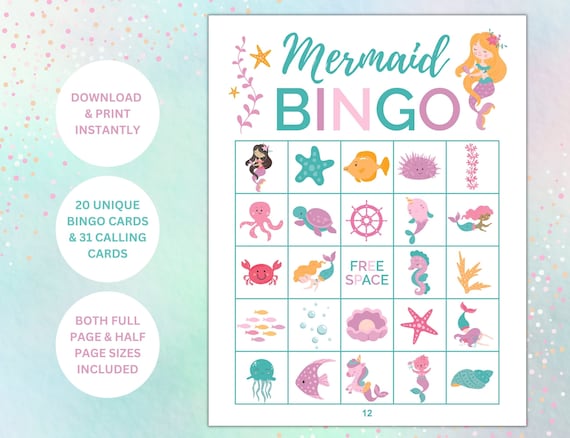 Mermaid Bingo Game| Mermaid Party Printable Game | Under the Sea Party | Kids Bingo Game | Kids Party Games | 20 Bingo Cards