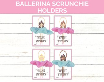 May include: Four printable cards featuring ballerina illustrations with scrunchies. Each card has a pink or blue scrunchie and says "Ballet Besties".