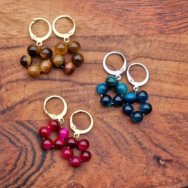 Mini Creoles tiger's eye brown/blue/pink, handmade in natural stones of 6mm, golden stainless steel, gift woman, earrings