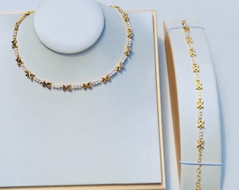 18K Gold Gemma XO Necklace and Bracelet Set: Cubic Zirconia