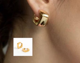 18K Gold Plated Square Huggie Hoop Earrings: Waterproof Stainless Steel