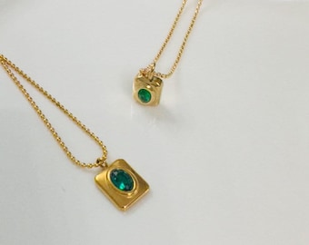 Emerald Zircon Pendant Necklace: 18k Gold Filled Beaded Chain