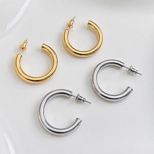 18K Plain Gold Stainless Steel Gold Silver Hoop Earring, Dainty Minimalist Waterproof Tarnish Free Jewellery, Gold Silver Earring For Women