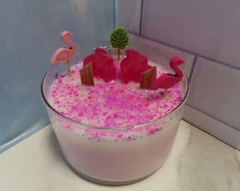 Pink Flamingo Scented Candle| Crackling Booster Wood Wicks| One of a Kind Candle| 14oz| Hand Poured| Strong Scent|