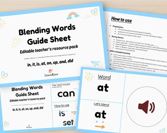 Könnte beinhalten: Lehrmaterialien mit dem Titel "Blending Words Guide Sheet" mit Text und Illustrationen. Die Materialien enthalten Anweisungen und Beispiele für das Mischen von Wörtern. Das Farbschema ist hauptsächlich blau und weiß.