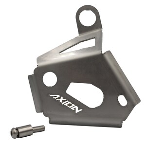 May include: A silver motorcycle engine guard with a cut-out for the AXION logo and a mounting bolt.