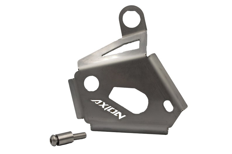 May include: A silver motorcycle engine guard with a cut-out for the AXION logo and a mounting bolt.