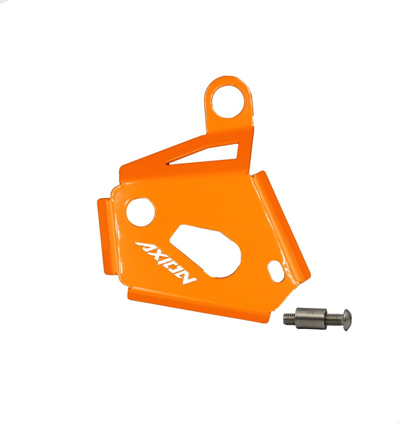 May include: Orange motorcycle chain guard with a white "AXICN" logo and a silver mounting screw.