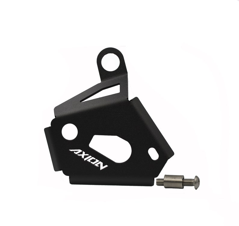 May include: Black motorcycle chain guard with a white "AXION" logo and a silver screw.