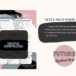 May include: A printable PDF download for nursing students studying for the NCLEX exam. The document includes a list of important lab values to know for the exam. The document is available in both blank and completed versions. The image also includes a pink circle with the text "FUTURE Registered Nurse".