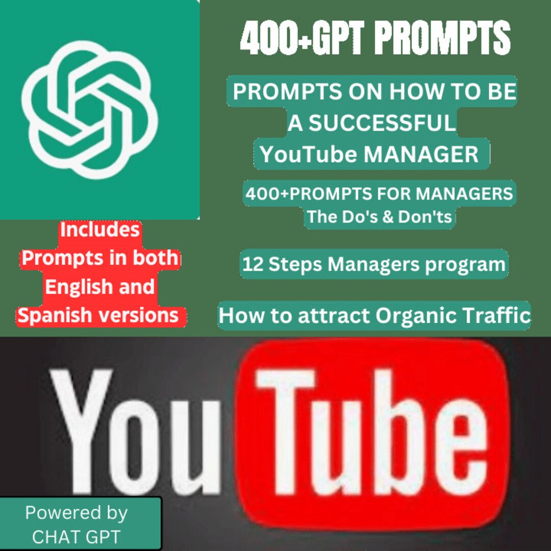 CHATGPT 400 Prompts Full Guide Become a Youtube Manager 12 - Etsy
