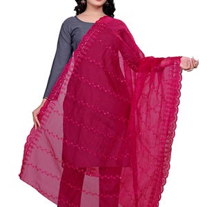 Embroidered Organza Leheriya Dupatta with Sequin & Arco Lace | Lightweight Party Scarf | Indian Ethnic Stole