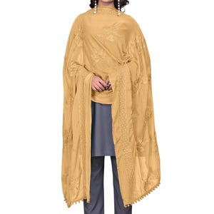 Chiffon Embroidered Dupatta with Pom Pom Lace | Floral Phulkari Party Wear Scarf | Lightweight Ethnic Wrap | Indian Stole