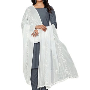 Elegant Chiffon Embroidered Dupatta with Pom Pom Lace | Phulkari Floral Party Wear Scarf | Lightweight Soft Ethnic Wrap Stole