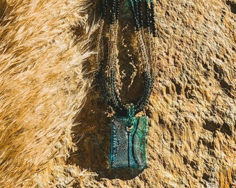 Dichroic Glass Pendant | Beaded Choker 18" | Multi Strand Necklace | Southwest Style | Coastal Colors | Color Blocked | Reflective Pendant