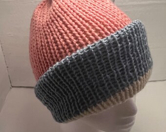 Reversible Pink & White Machine Knit Beanie