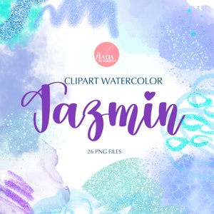 Jazmin Aquarell Clipart Glitter blau grün