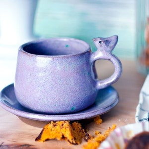 Ceramic cup and saucer | Purple violetcup with a bird | Coffee mug, purple tea dish | A beautiful gift Lavender cup