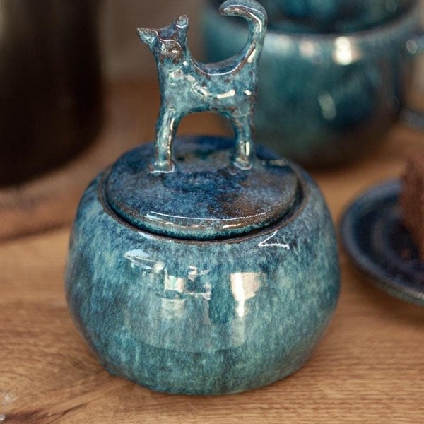 Ceramic sugar bowl with cat, cat decoration, kitchen container with cat, ceramic box with cat, pet urn, urn for animal