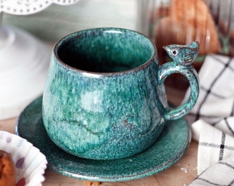 Ceramic cup and saucer | Emerald turquise green cup with a bird | Coffee mug | emerald tea dish | A beautiful gift