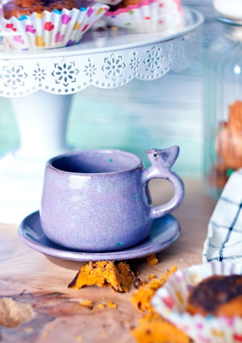 Ceramic cup and saucer | Purple violetcup with a bird | Coffee mug, purple tea dish | A beautiful gift Lavender cup
