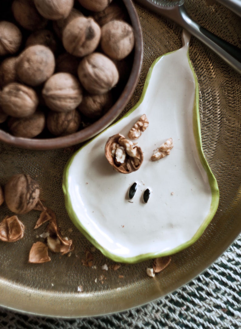 Ceramic pear plate, dessert plate, fruit shape, pear hand made plate, spoon rest, kitchen accessories, jewelry plate image 1