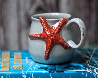 Ceramic mug with starfish | hand made cup | coffee cup | gift for sea fans | pottery mug | Starfish decoration