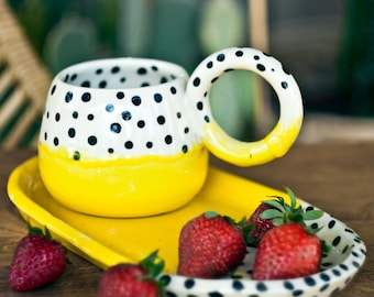 Ceramic set cup with oval plate , yellow cup with spots
